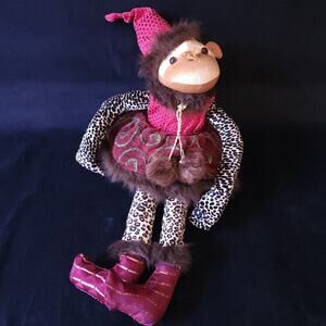 Vintage Christmas Monkey Toy Victorian Plush Stuffed Animal Velvet w/ Santa Hat